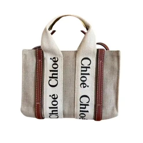 Chloé Chloe Mini Woody Tote White & Brown Linen Canvas Pre-Owned | Retail $880