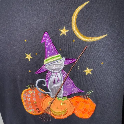 Vintage 90s White Stag Womens Halloween Top Cat Pumpkin Moon Graphic Size XL Black