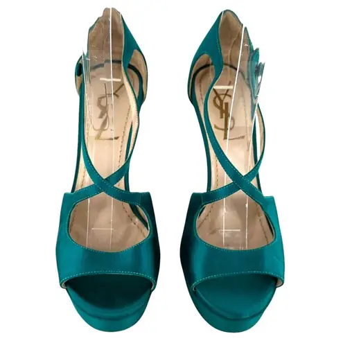 Saint Laurent Paris Turquoise Satin Tribute Cross Strap Platform Sandals Size 35