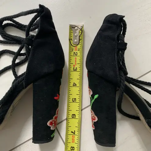 Missguided Black Embroidered Lace Up Block Heels