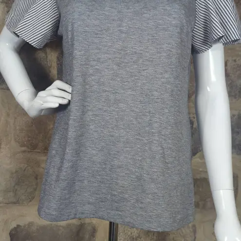 Parallel Skies Gray Flutter Short Sleeve Top Woman's Size Large Striped Keyhole