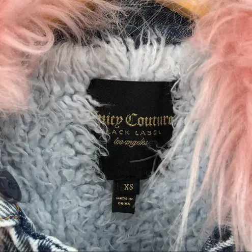 Juicy Couture  Black Label Pink Fur Collar Acid Wash Denim Sherpa Lined Jacket