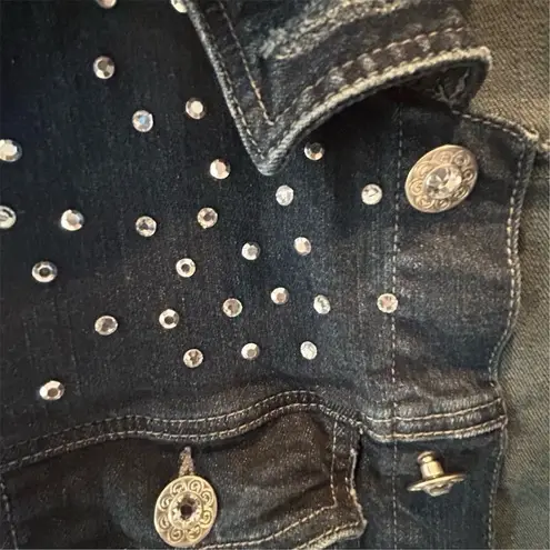 None Jean Jacket Women's Size 12 Blue Denim Jacket Pearl Studded Frayed Hem