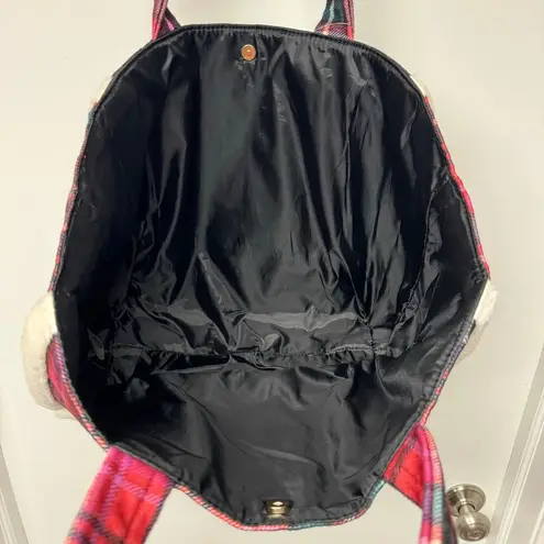 Victoria's Secret  Large Red Black Plaid Tote Bag Sherpa Trim Big VS Logo NEW