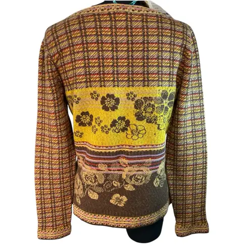 Flavored Tartan wool cardigan Float floral brown lavender red orange yellow tan Size M