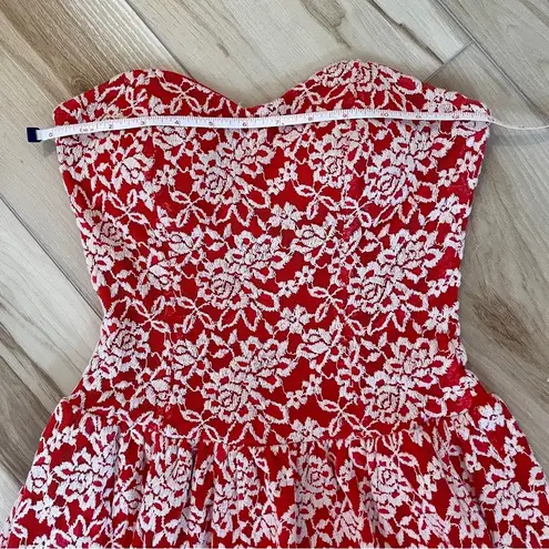 aina be Red & White Strapless Sweat Heart Dress With Floral Lace Details Size S