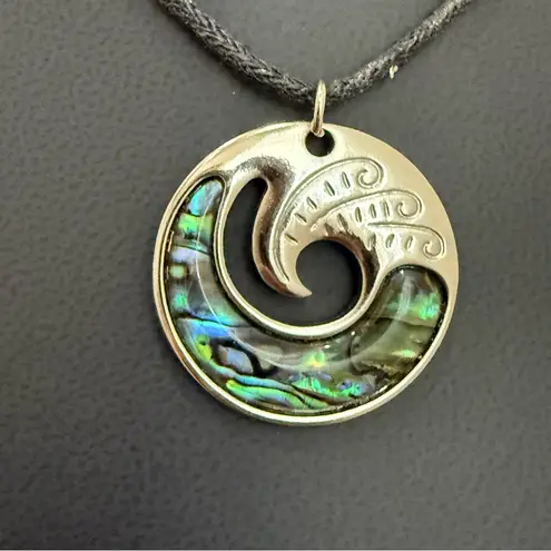 Abalone Shell Wave Silver Pendant Adjustable Cord Necklace 11g. Blue