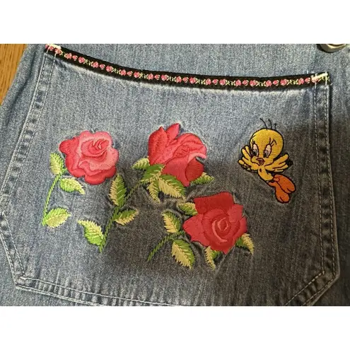 Tweety Bird Overall Denim Dress Woman Size Medium Warner Bros Embroidered 90's Blue