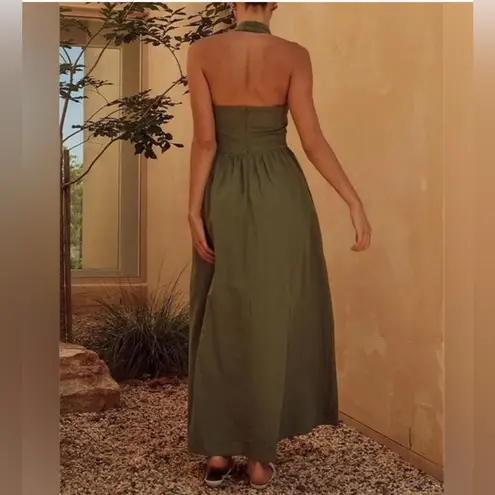 NEW Commense Cotton & Linen Halter A Line Long Dress Large Green