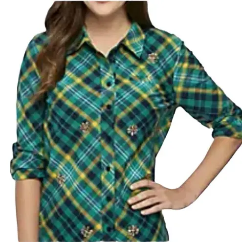 kim rogers Green Plaid Button Down Top with Rhinestone Embellishments Size 2X
