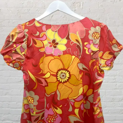Hale Bob Silk Floral Boho Shift Dress S – Coral Pink Yellow Resort