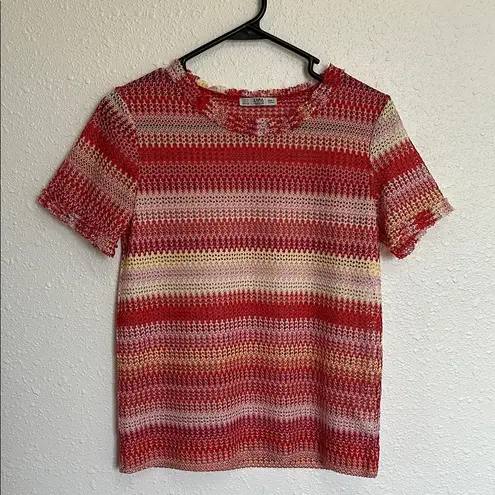 ZARA  Womens Top Red Yellow Striped Short Sleeve Open Knit Ruffle Trim Size Small - Image 3