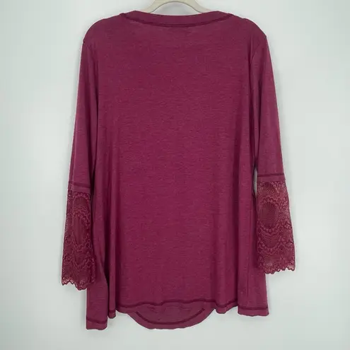 LonoLaKa Womens Maroon Long Lace Sleeves Crew Neck Feminine Vacation Blouse Lrg Purple Size 00