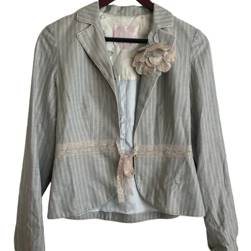 Rebecca Taylor Women Jacket 2 Blue Striped Ribbon Tie Romantic Boho Y2K Fairy