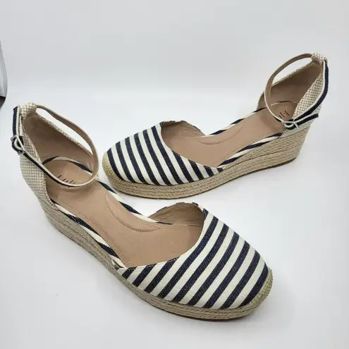 J.Jill Cecile Wedge Espadrilles Blue Striped Ankle Strap Heels Sandals Womens 11