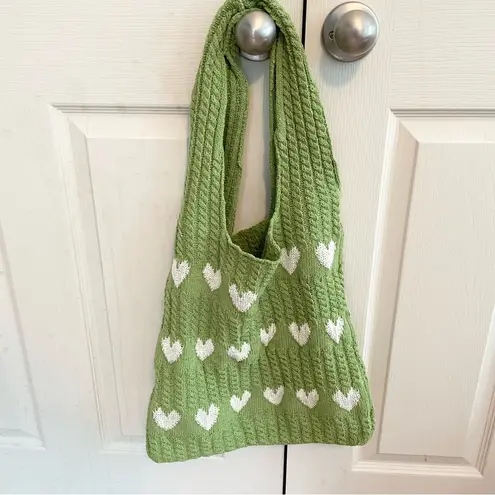 None Crochet Heart Tote Bag Green Shoulder Bag Cute Knit Purse Y2K Aesthetic Love
