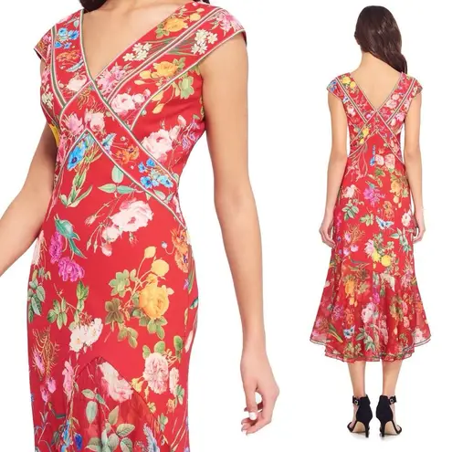 Tadashi Shoji Clara Hi low midi dress Red floral Cottage Core Boho Chic Sz 2