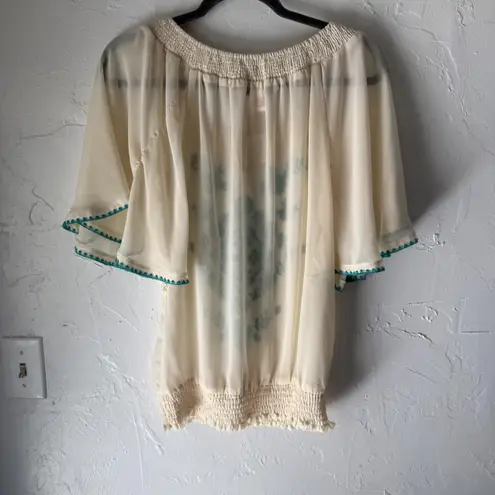 Flying Tomato NWT Cream Embroidered Sheer Top Blouse Bohemian Tunic Festival Blue