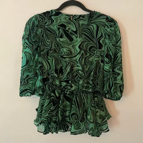 MISA Los Angeles Green Black Velvet V-neck Ruffle Blouse Women's size XS