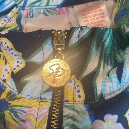 Stella Parker Mock Neck Yellow and Navy Tropical Print Sun Dress Size Large Blue