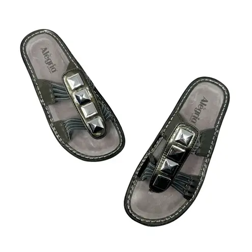 Alegria Pisa Chrome Patent Leather Sandals Silver Gray Size 38