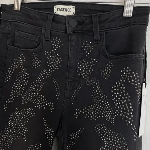 L'Agence Graphite Dark Gray Rhinestone Margot High Rise Skinny Jeans