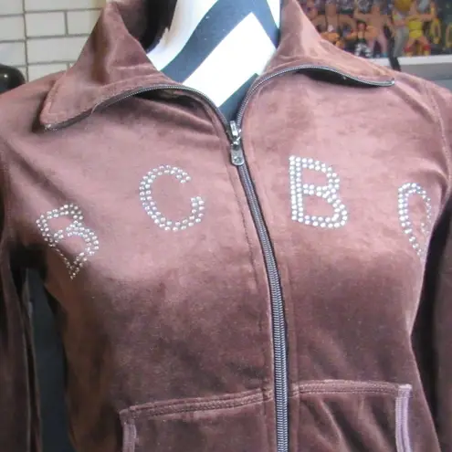 BCBG Maxazria Med Velour Track Jacket Brown Y2K Rhinestone Full Zip