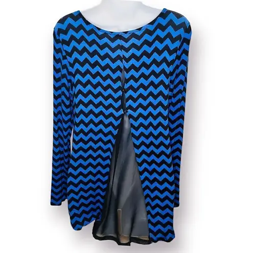Shanley Chevron Mesh Back Casual Long Sleeve Top Hi Lo Hem Royal Blue Black M Size M