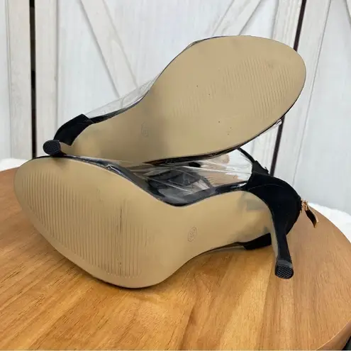 Bai Beiai Clear Peep Toe Heeled Ankle Boots PomPom Zipper Front Black 6 Black