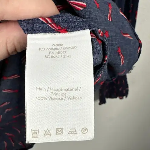 BODEN Kara Shooting Stars Blouse Navy Red Smocked Sleeves Button Front Size 10 Blue