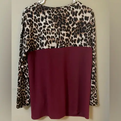Riah Fashion Soft Women Knit Sweater Crewneck Leopard Raglan Burgundy Small