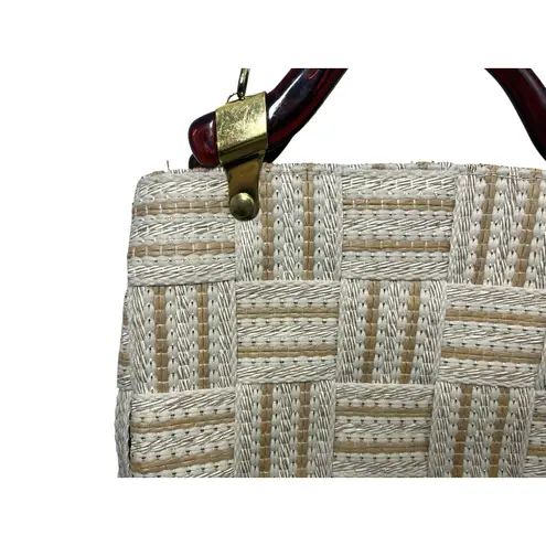 Vtg Handbag Purse Woven Purse Lucite Handles Made In Italy NWT Bohemian Neutral Tan