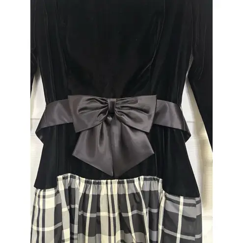 Vtg 80s Lanz Black Velvet Plaid Drop Waist Holiday Dress Size 10 Taffeta Skirt