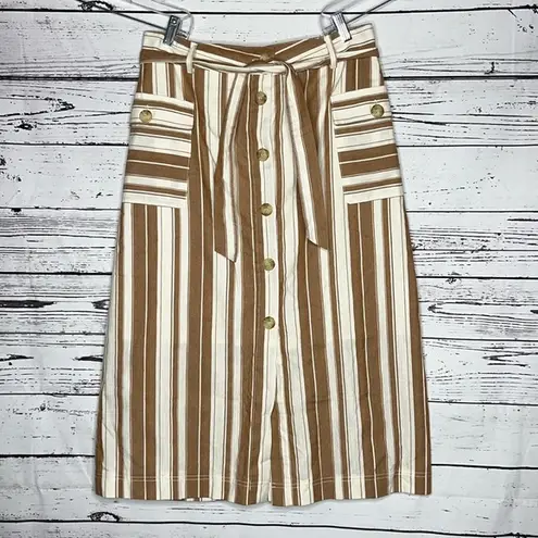 Hem & Thread NWT Size L Brown & Ivory Stripe Linen Blend Midi Skirt w/ Tie Belt