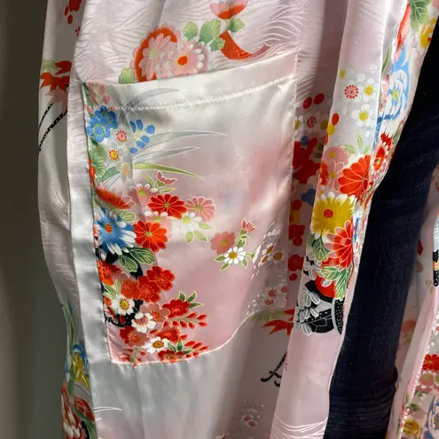 Ichiban chiban Floral Japanese Kimono Robe Pink with Orange Yellow Green Blue Sz 42”