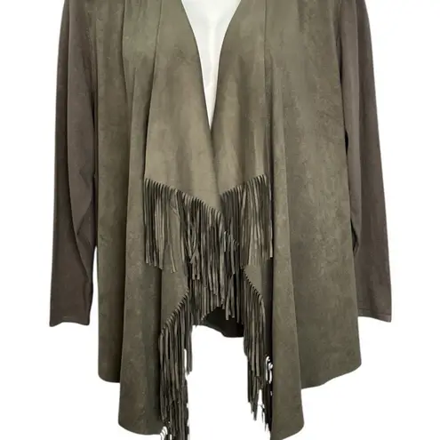 INC International Concepts Olive Fringe Cardigan Faux Suede Boho Size L Earthy Green Size L