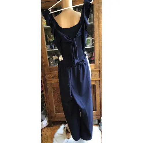 PRETTYGARDEN  Navy Blue Sleeveless Pinafore Jumpsuit Pants Ruffles Tie Back Small