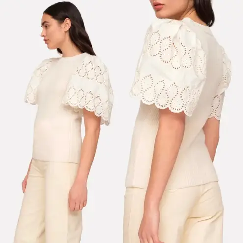 Sea New York Nadene Eyelet Cream Wool Knit Sweater White Short Sleeve Crewneck S Size XS