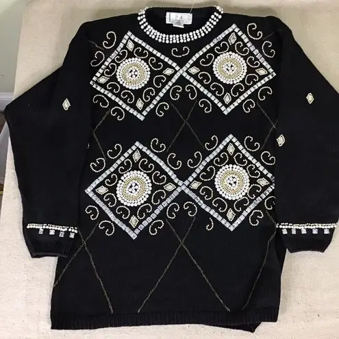 PA International Vintage Women Sweater Med Black Embroidered bedazzled Holiday