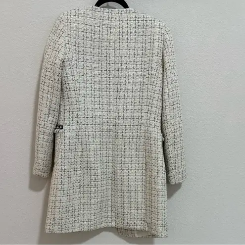 Tahari ASL White Black Tweed Boucle Pearl Trim Fringe Jacket Coat Size 2