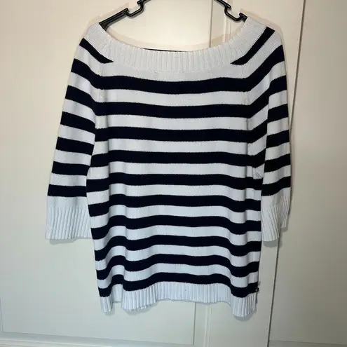 Vintage Lauren Ralph Lauren Striped 3/4 Sleeve Sweater Nautical Boat Neck Cotton Blue Size XL