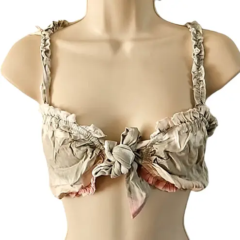 Ocean Drive Beige Tie Front Ruffle Crop Top – Size Medium – NWT Boho Festival Gray