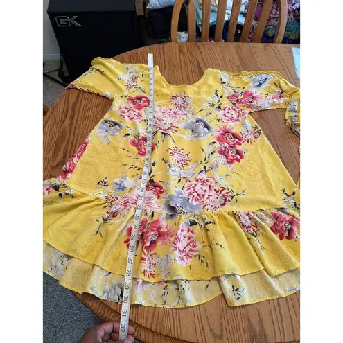 Jaase Maya Yellow Floral Print Mini DRess Split Sleeve Ruffle Hem Boho Flowy S