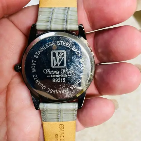 Victoria Wick Crystal Dial Watch Rhinestone Bezel Leather Band Quartz Gunmetal Gray