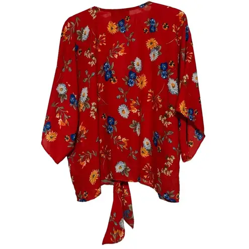 Blush Boutique  Women's Red Floral‎ Waist Tie V-Neck Short Sleeve Blouse Size L