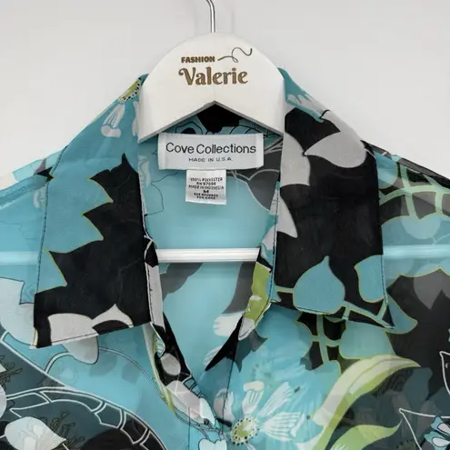 Cove Collections Black & Blue Floral Ruffle Sheer Blouse Y2k Retro Size Medium