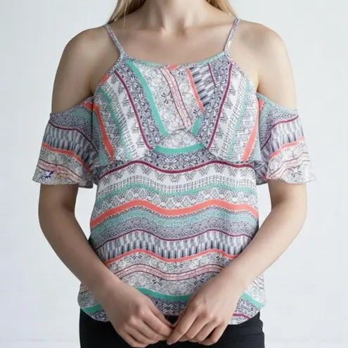 Ella Moss Blue Coral Cold Shoulder Boho Medallion Blouse