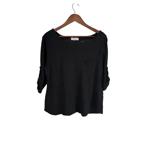 Zenana Outfitters Signature Women Black Relaxed Fit Roll Tab Sleeve Pocket Shirt Sz 1X