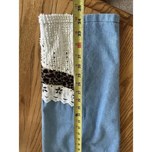 Vintage Patchwork Crop Pants Chambray High Waist Wide Leg Elastic Waist Crochet Blue Size 28