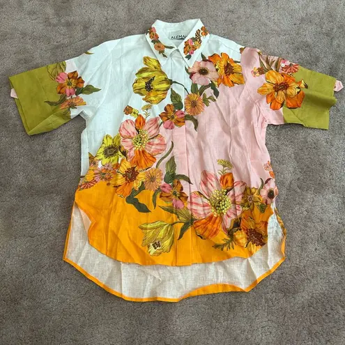 NWOT Alemais Linen Silas Button Down Oversized Shirt in Multi Floral Orange Size 2
